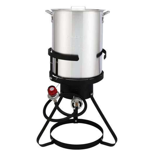 30QT Turkey Pot, 10QT Fish Pot, Four Piece Set, Black Circular Iron Frame, Silver Aluminum Pot, Gas Fryer