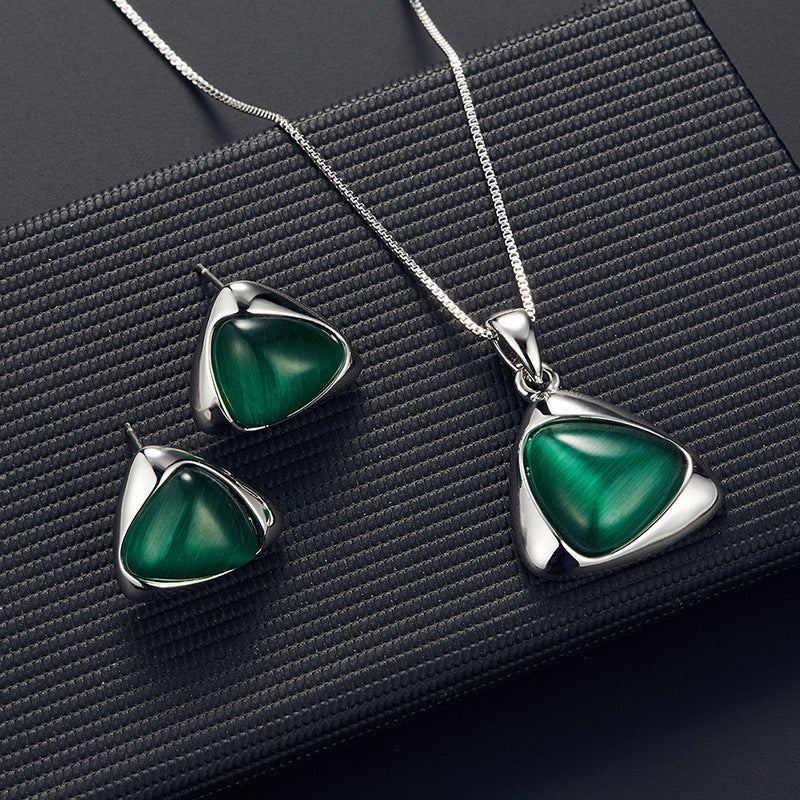 Geometric Triangle Cat-eye Necklace And Earrings Suite Silver