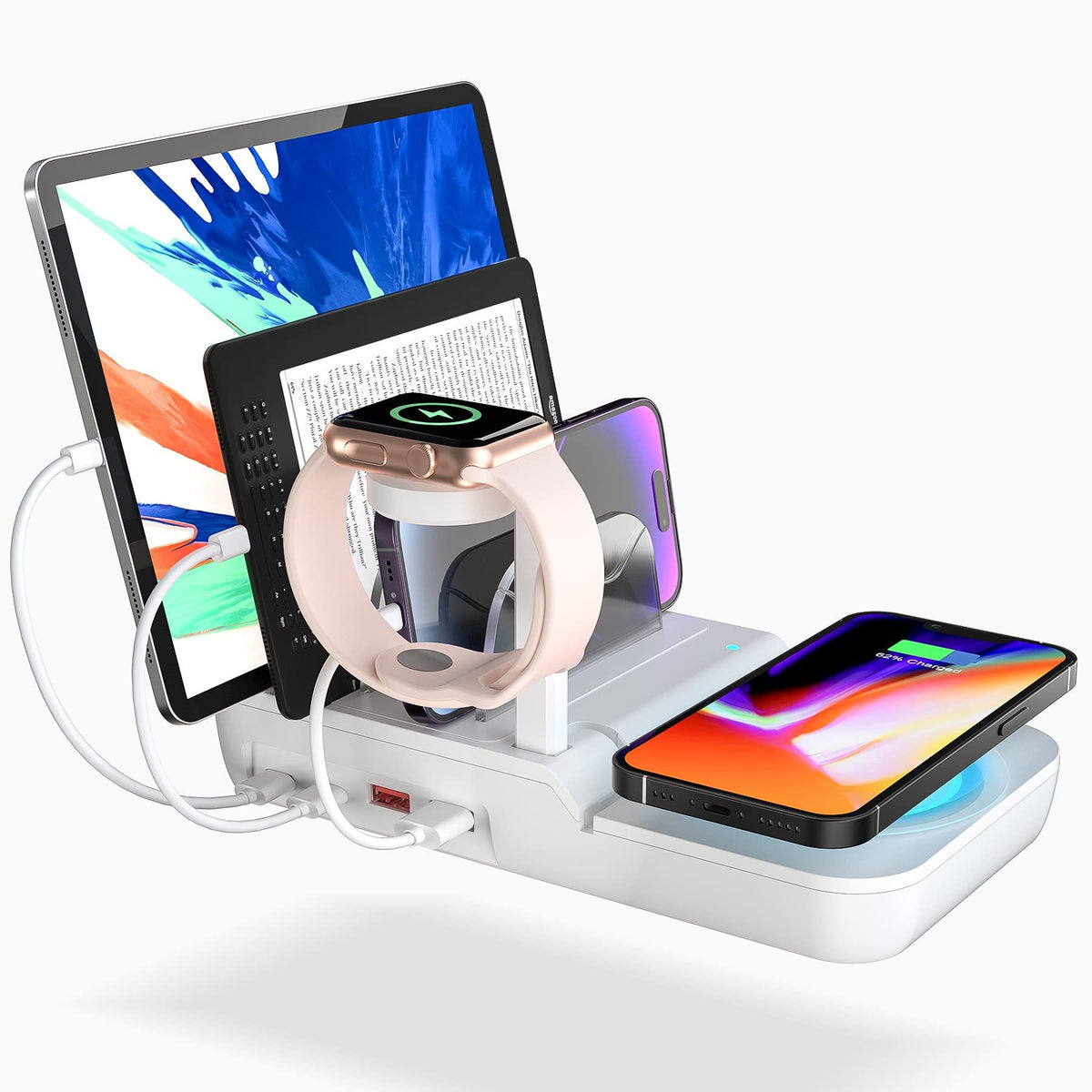 70W Charging Station For Multiple Devices, 5 In 1 Fast Charging Dock With 10W Max Wireless Charger And 4 Ports , 30W USB C PD Fast Charging For IPad, IPhone,Tablets,Kindle White