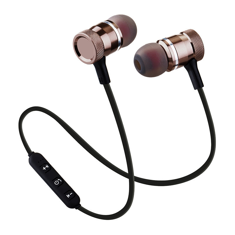 Wireless Bluetooth headset sports running magnetic line control binaural stereo in-ear hanging neck mobile phone universal answering Gold