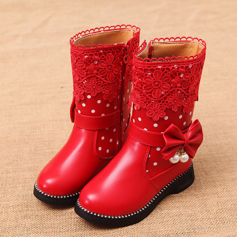 Bowknot Pendant Lace And Velvet Girls' Cotton Shoes Red