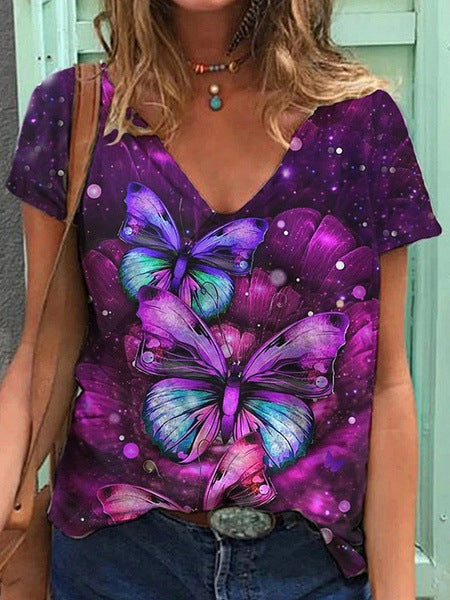 Ladies Fashion Print Short Sleeve T-Shirt Shirt Purple