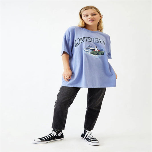 Ladies Short Sleeve Round Neck Pullover Loose Print T Shirt
