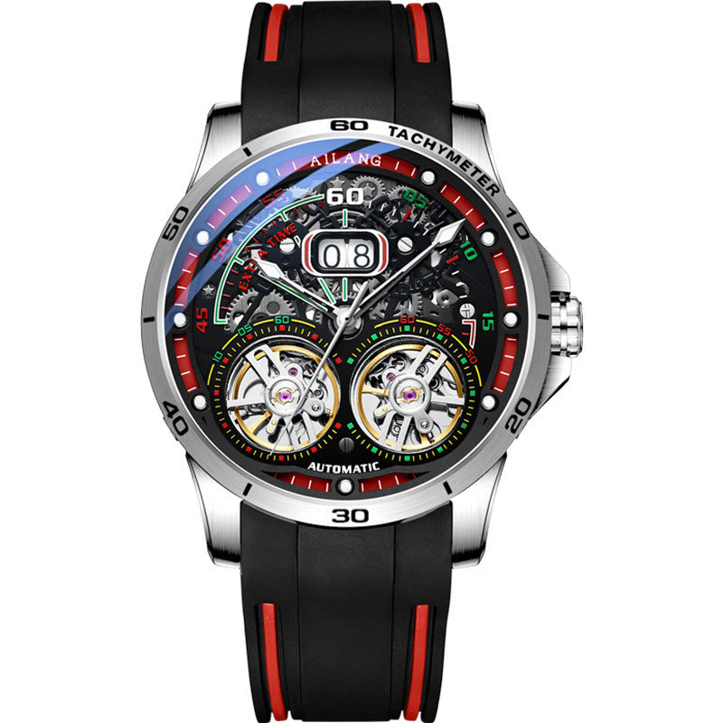 Double Flywheel Hollow Watch Automatic Mechanical Watch Calendar Men'S Watch Silver red