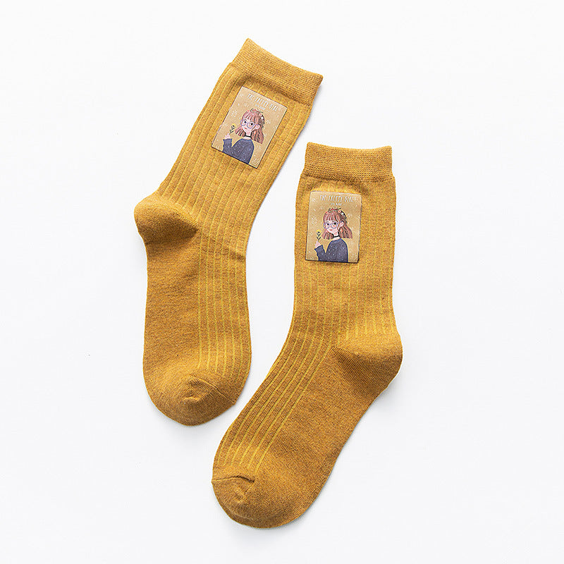Little Girl Pattern Socks Women Yellow One size