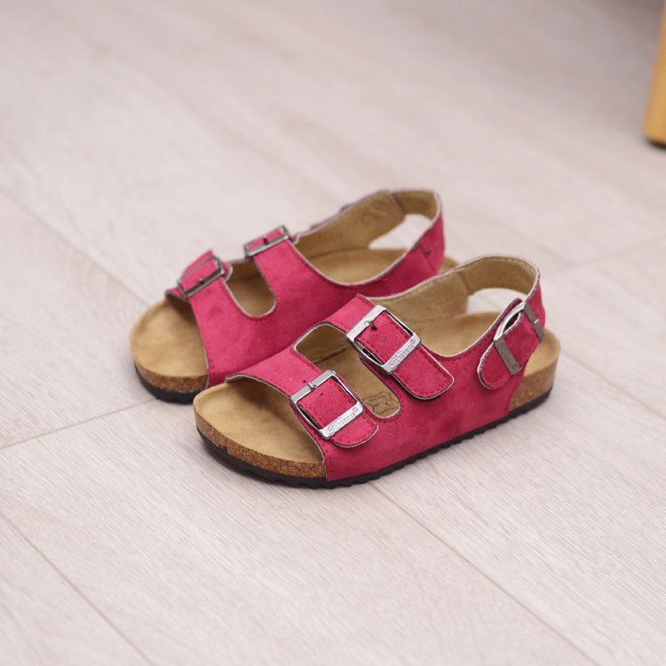 Children Boys And Girls Cork Sandals One Word Shoes Flip Flops Beach Double Ring Red