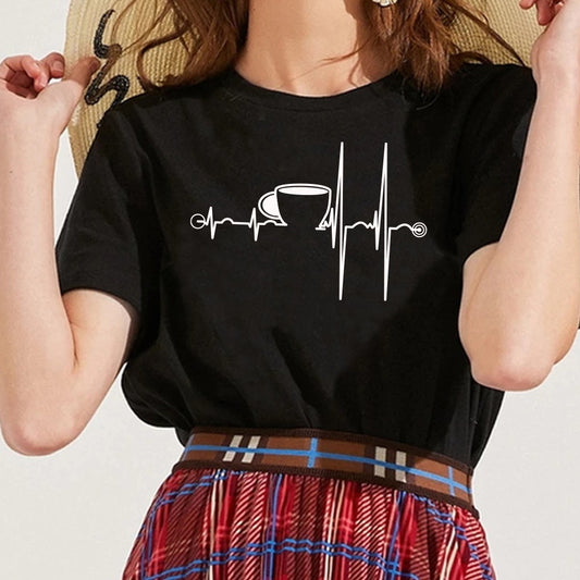 T-Shirt Ladies Cup Print Short Sleeve Black