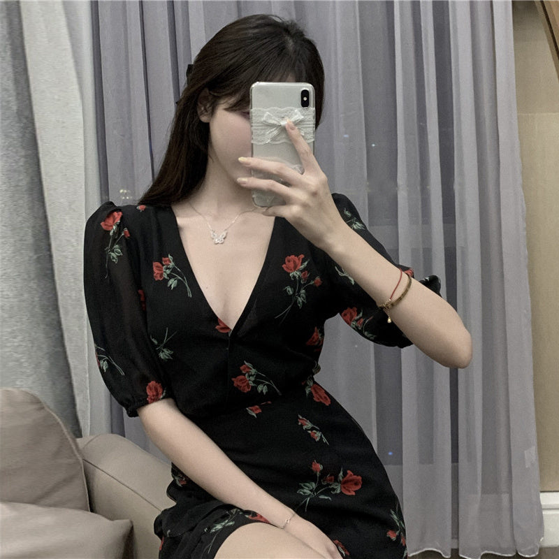 French Ruffled Floral Dress Women