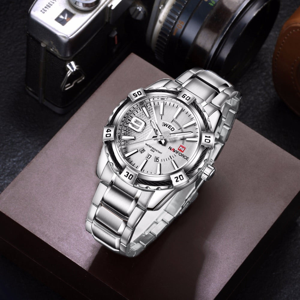 Waterproof quartz watch men's watch Silver white