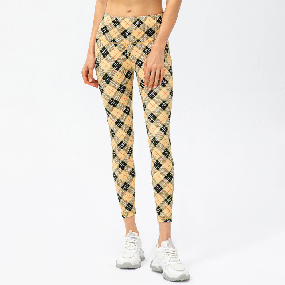 Women's Houndstooth Yoga Trousers Nude Feel High Waist Peach Hip Tight Running Exercise Pants Plaid Elements Yellow Plaid