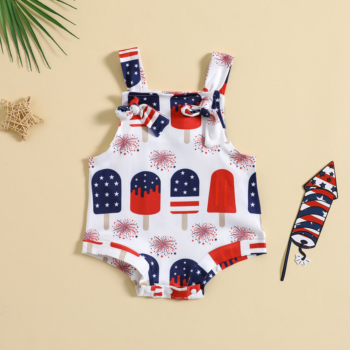 Baby Printed Front Knotted Suspender Pants White Ice Cream