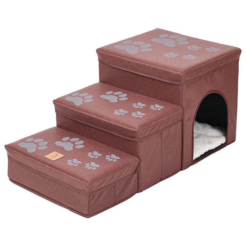 Cat Kennel Cage Multifunctional Dog Stairs Upper Bed Sofa Puppy Climbing Pet Supplies Paw Print Red Rabbit Plush