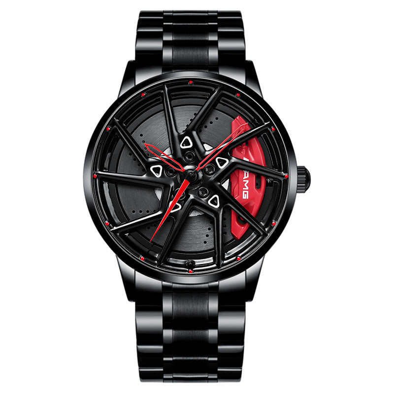 Hub Stereo Caliper Skeleton Dial Watch All black and red hands Steel belt