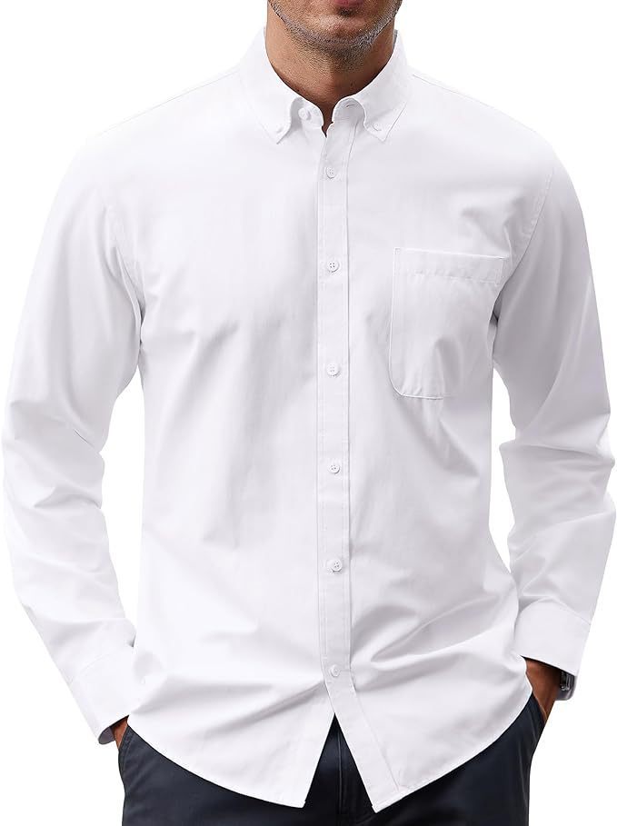Solid Color Oxford Long Sleeve Button Shirt White
