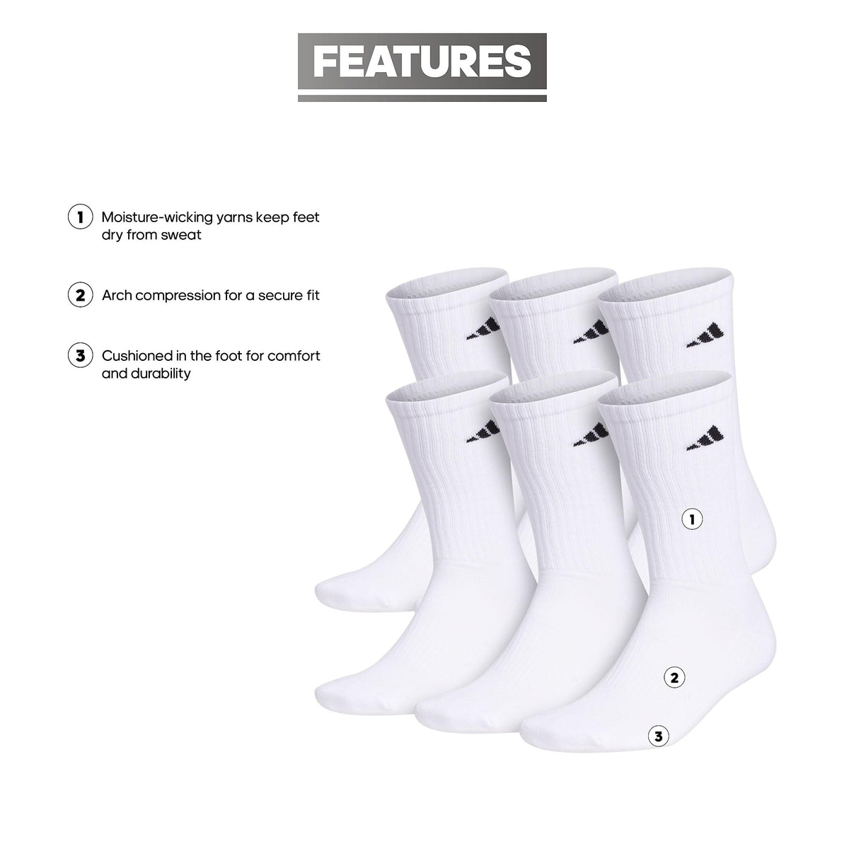 adidas Men's Athletic 6-Pack, Cushioned Crew Socks with Arch Compression for a Secure Fit, White/Black, Large