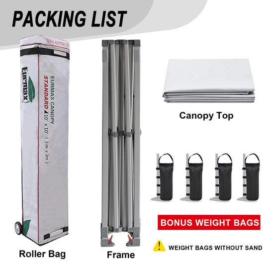 Eurmax USA Standard 10x10ft Patio Pop Up Canopy Tent for Outdoor Events Commercial Instant Canopies with Heavy Duty Roller Bag,Bonus 4 Canopy Sand Bags (White)