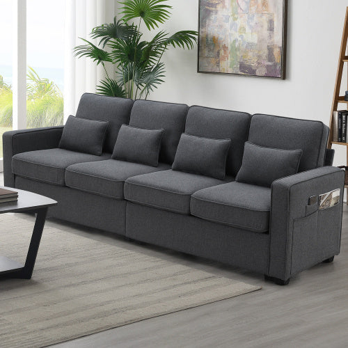 Seater Modern Linen Fabric Sofa With Armrest Pockets And 4 Pillows,Minimalist Style Couch For Living Room, Apartment, Office,3 Colors DARK GREY