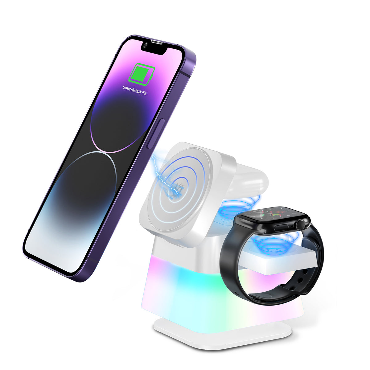 4 In 1 Rotatable Colorful Lighting Wireless Charger Stand For Phone 15 14 13 12 Pro Max 8 7 Holder Magnetic Fast Charging Station White