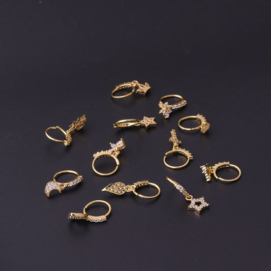 Star Moon Love Heart Flowers Cross Zircon Pendant Nose Ring