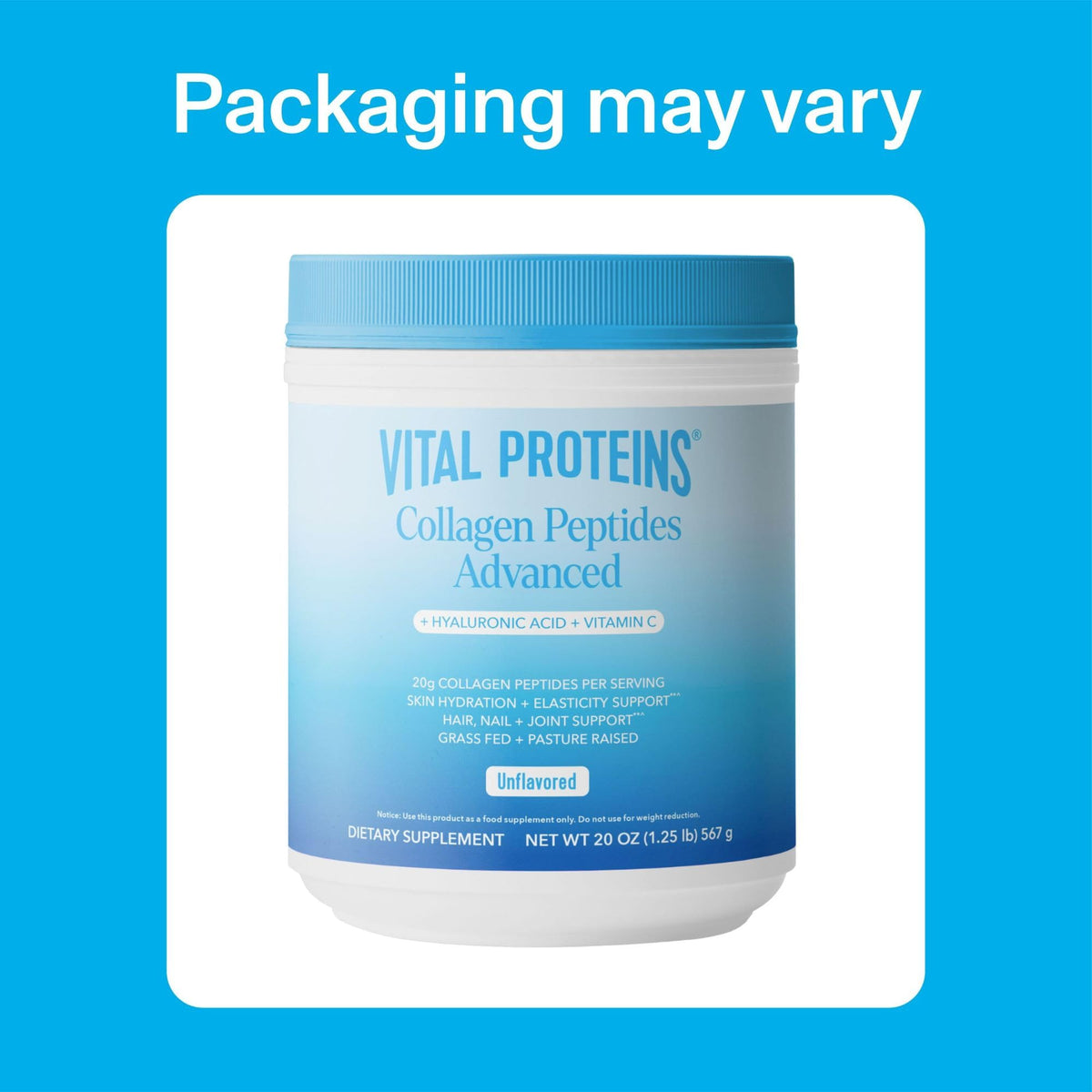 Vital Proteins Collagen Peptides Powder Advanced with Hyaluronic Acid & Vitamin C - 20oz Collagen Protein, Unflavored, 28 Servings