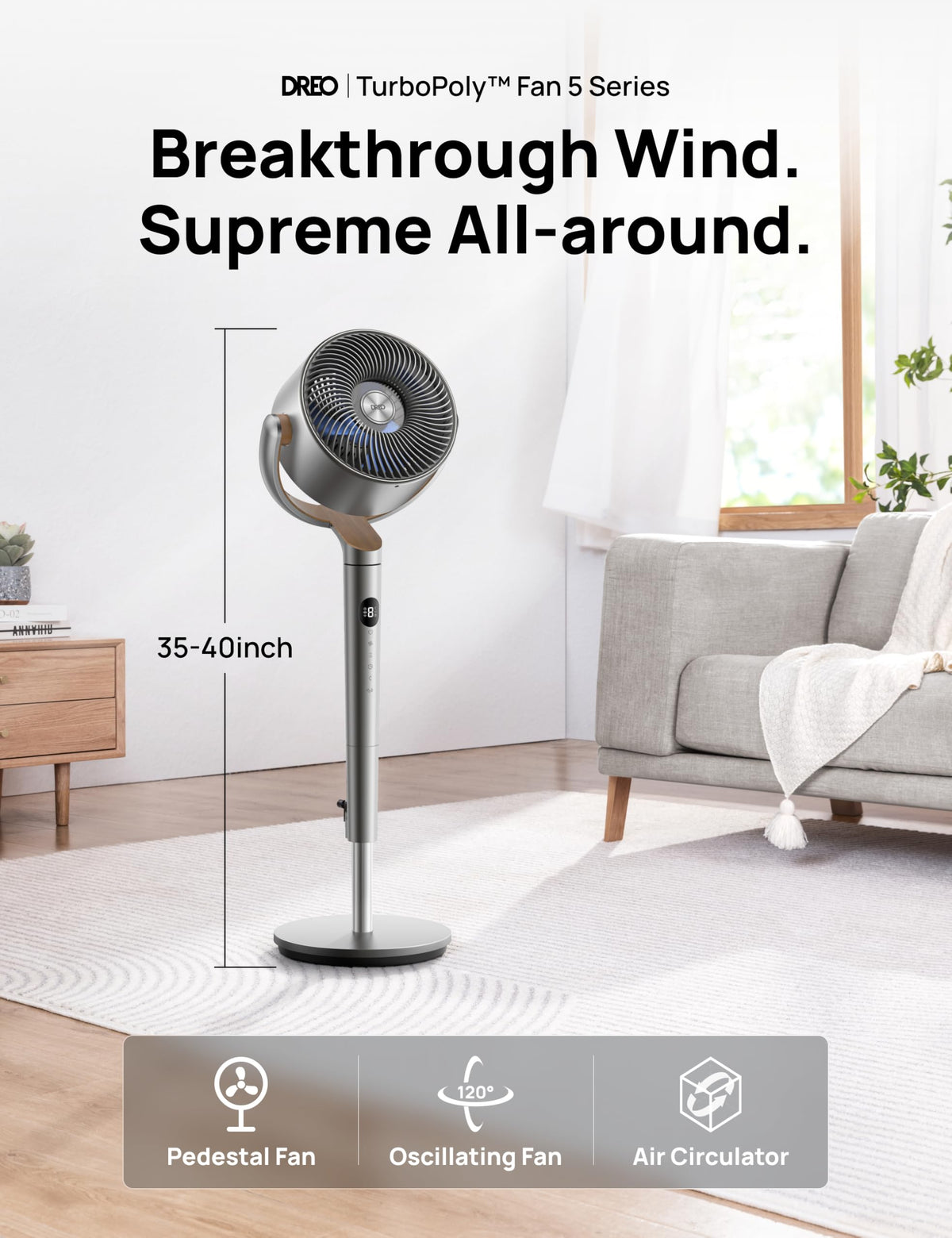 Dreo Standing Fan, 120ยฐ+120ยฐOmni-directional Oscillating Fan For Bedroom, 85 ft Circulator With Remote, DC Motor Quiet Pedestal Fans, Adjustable Height, 8 Speeds, 3 Modes, 8H Timer, Home, PolyFan 502