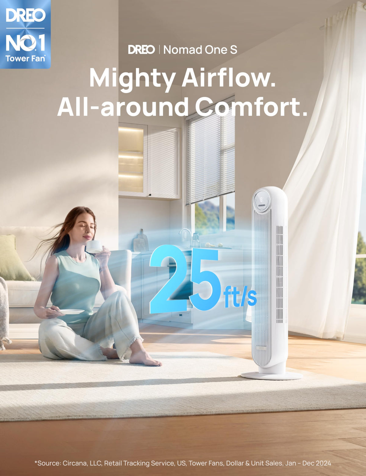 Dreo Tower Fan for Bedroom, 25ft/s Smart Standing Fans, 90° Oscillating Floor Fan with 4 Modes, 4 Speeds, 8H Timer, 28dB, Bladeless, Remote, 28 dB, Works with WiFi Voice Control
