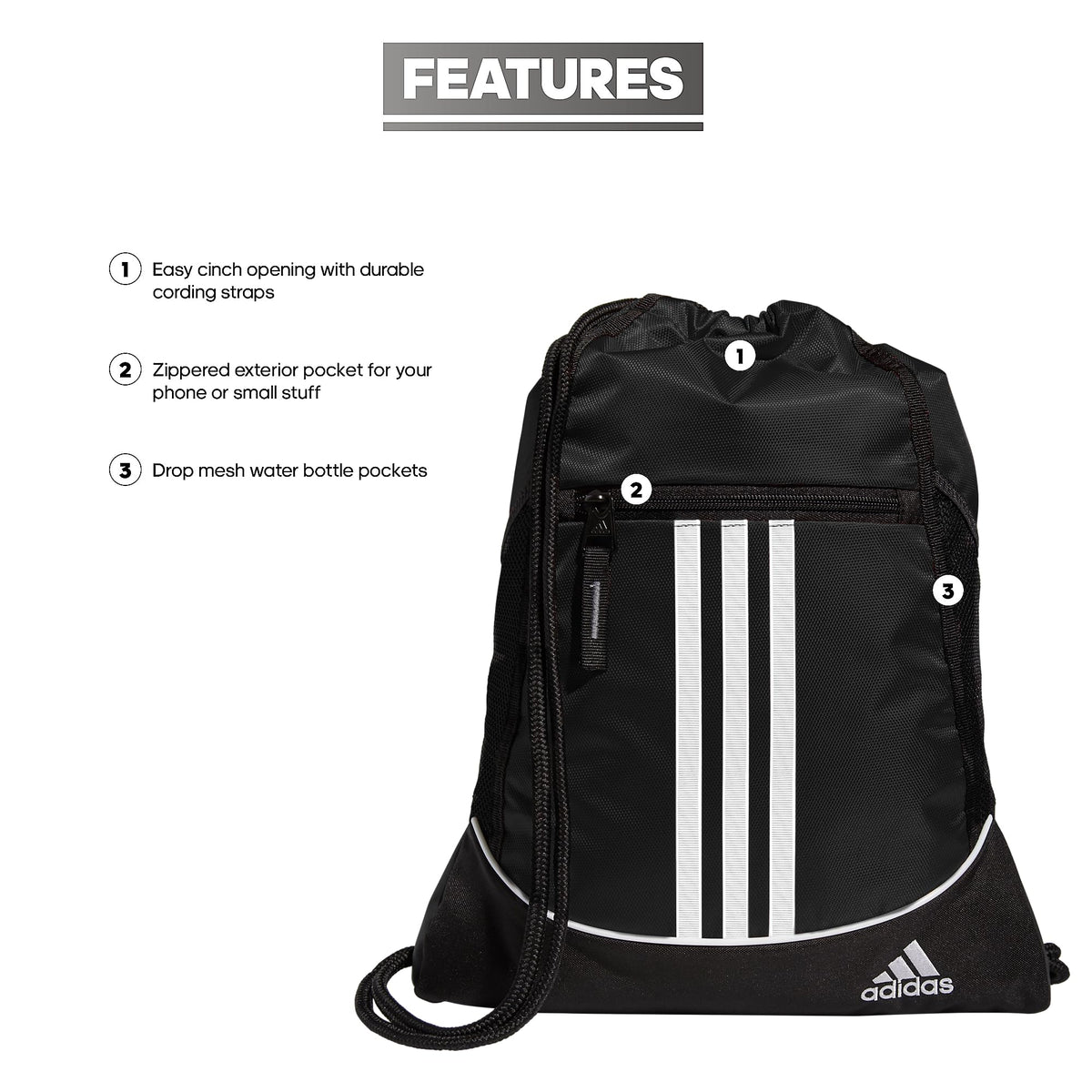 adidas Alliance Sackpack, Drawstring, Lightweight Small Gym Bag for Women, Soccer Backpack, Black, One Size