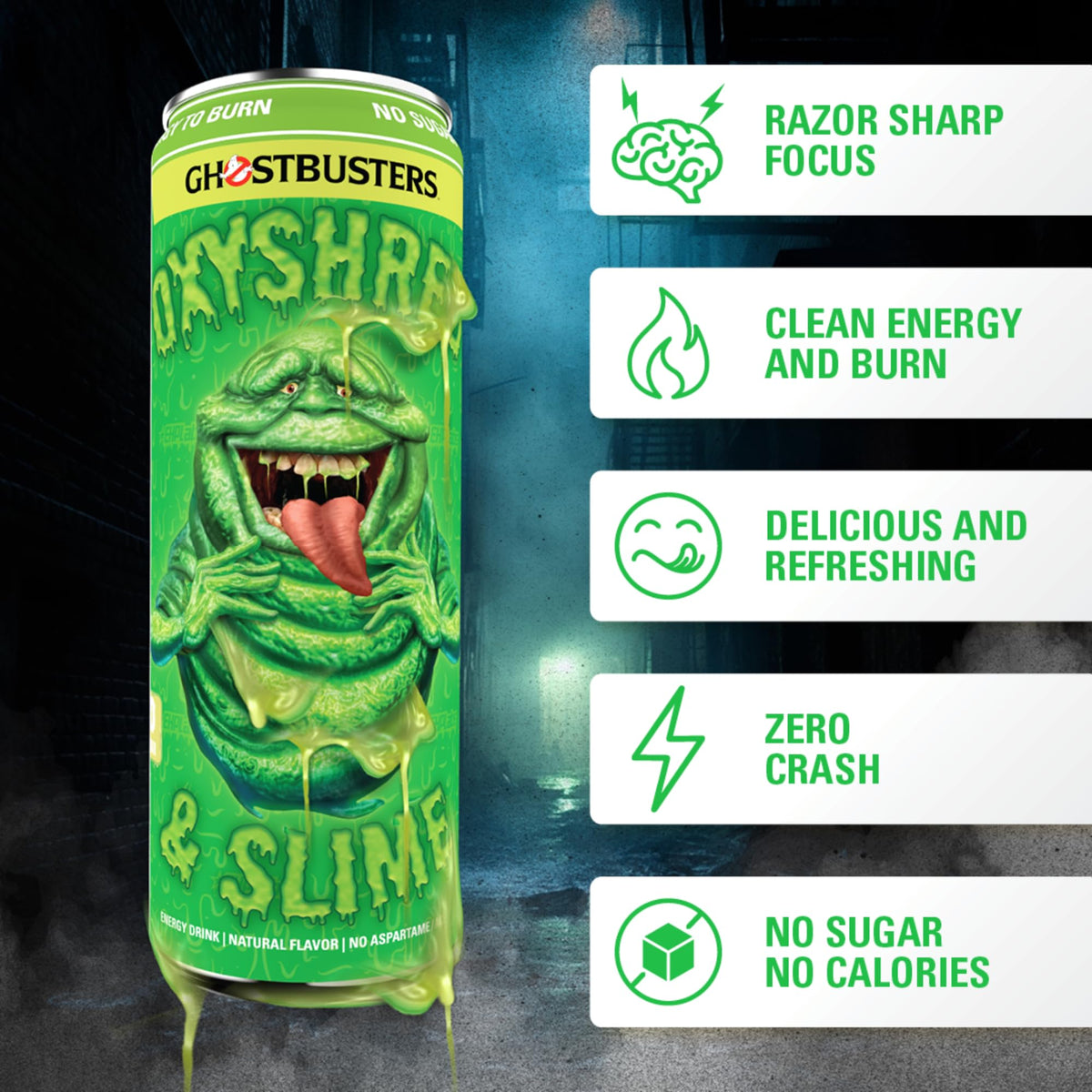 EHP Labs x Ghostbusters OxyShred Healthy Energy Drink - Zero Sugar Energy Drinks, Green Tea Extract, Vitamin C & L Carnitine - Zero Carbs, Zero Calories, Clean Caffeine - Slimer Lime (12-Pack)