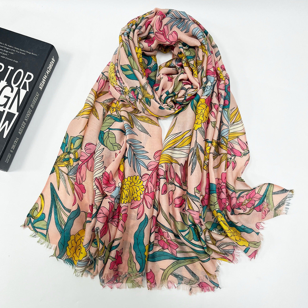 High-grade Shawl Ladies Tassel Printed Scarf Pink