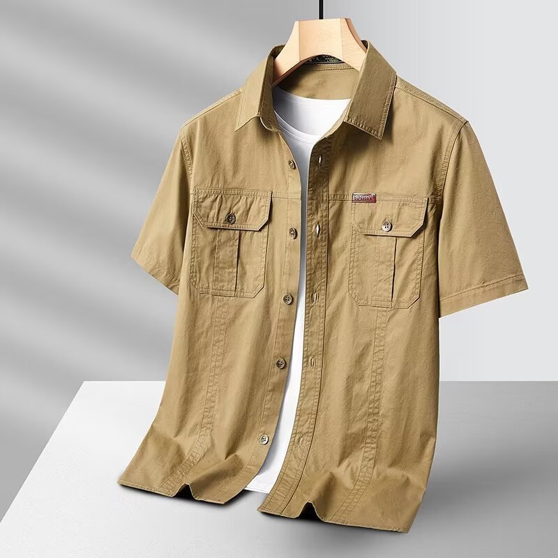 Solid Color Short Sleeve Men's Workwear Shirt Khaki