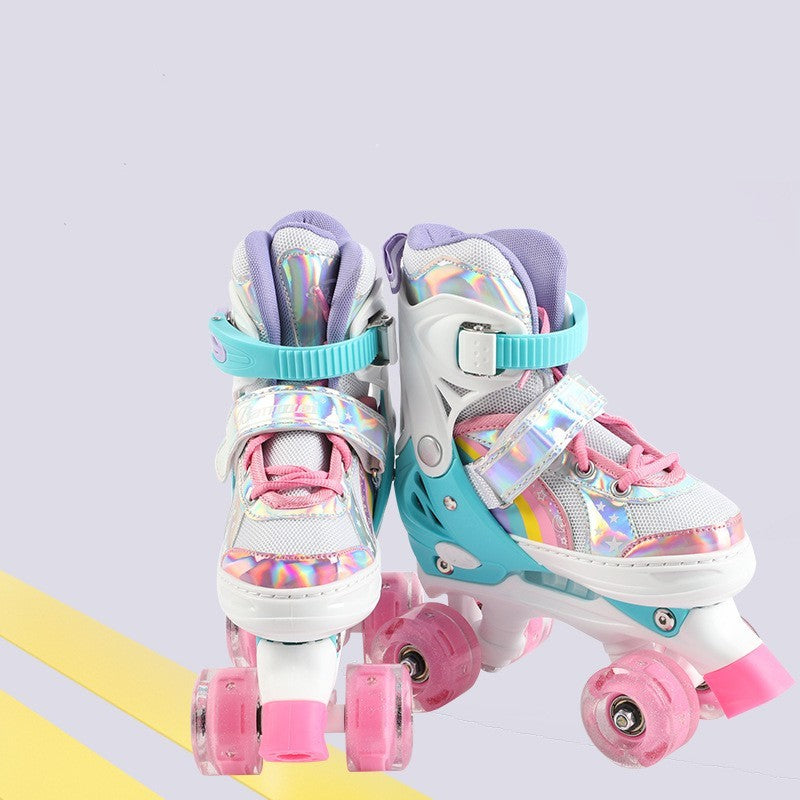 Children's Skates Double Row Four Wheel Full Flash Pink