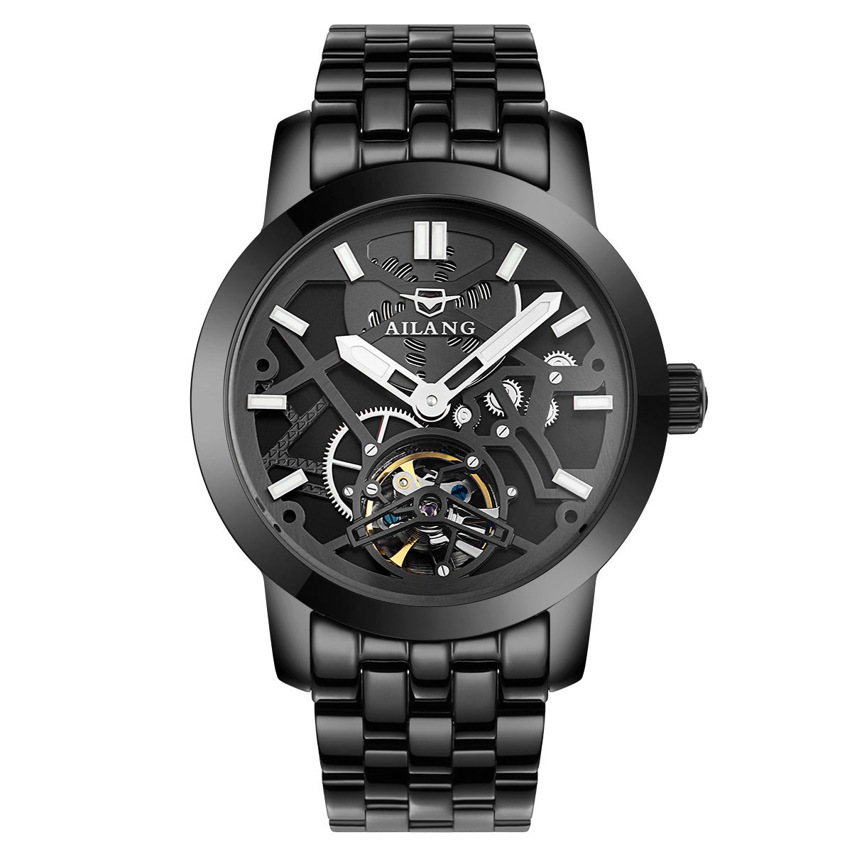 Watch Men's Automatic Mechanical Watch Hollow Flywheel Fashion Men's Watch Steel belt all black