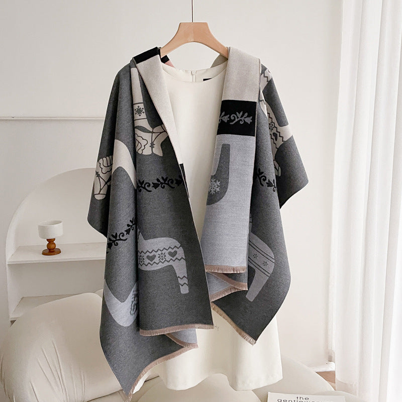 Warm Scarf Fashionable Outerwear Sweet Cute Double-sided Shawl Warhorse Gray