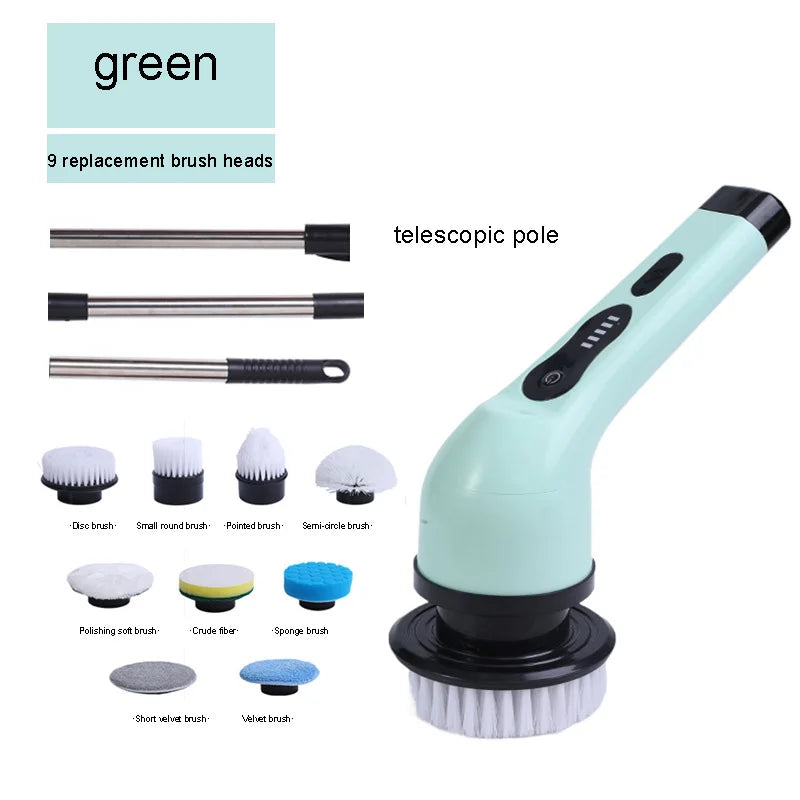 Multi-functional electric cleaning brush automatic rotating telescopic rod wireless hand-held scrubbing equipment cleaning tool green