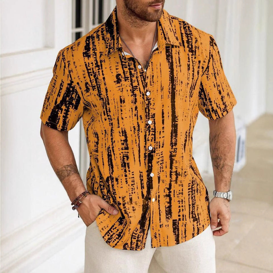 New European And American Summer Casual Anti-wrinkle 3D Printed Men's Short Sleeve Shirt Yellow