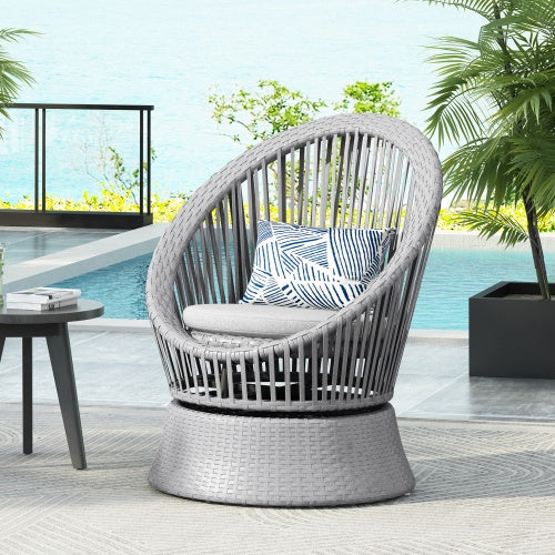 26.7 Modern Gray Wicker Lounge Chair With Rattan And Iron Frame, Featuring A Stylish Round Design, Perfect For Living Room, Patio, Or Balcony Relaxation Silver grey