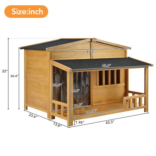 GO 47.2 Wooden Dog House, Outdoor & Indoor Dog Crate, Pet Kennel With Porch, Solid Wood, Weatherproof, Medium, Nature