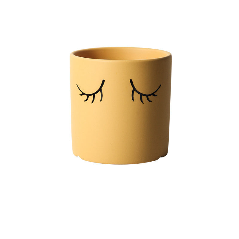Ceramic Abstract Eyelashes Round Flower Pot Indoor Cactus Succulent Art Flower Pot Yellow 11X11cm