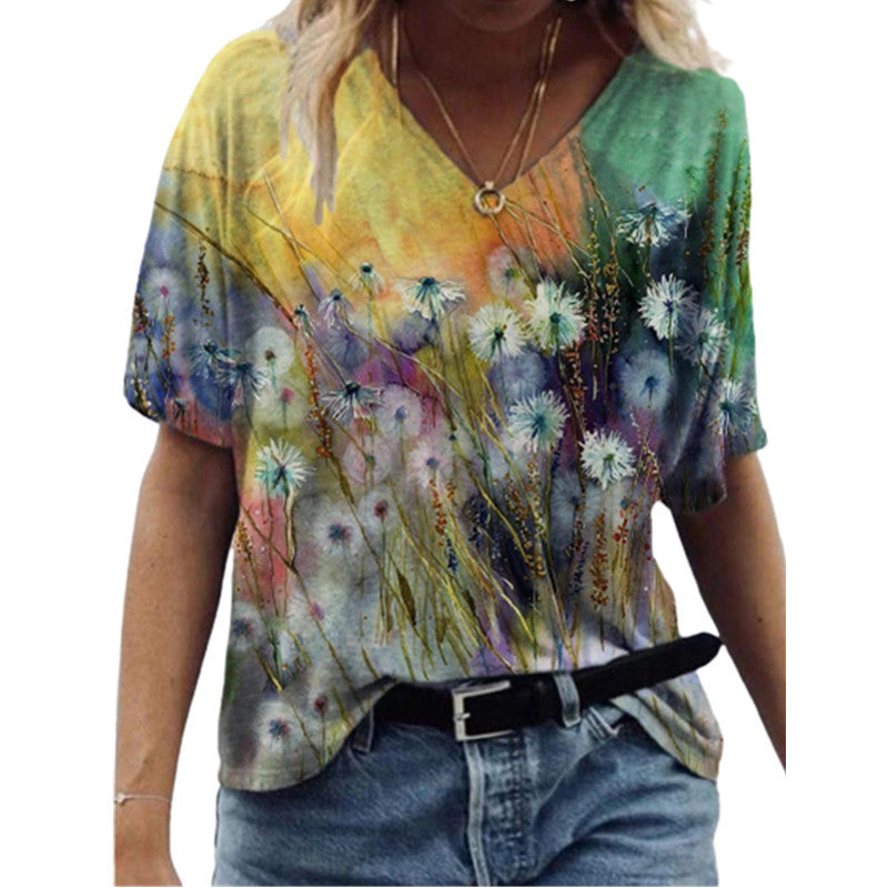 Butterfly Print Short Sleeve V-neck Ladies Loose A9