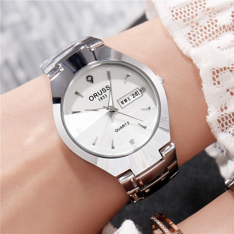 Tungsten Steel Color Waterproof Fashion Student Couple Calendar Quartz Watch Upgraded Men's Style White