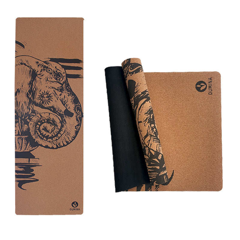 Cork Printed Yoga Mat Sports Slimming Natural Rubber Anti-slip Yoga Flower elephant style 1830x610x5