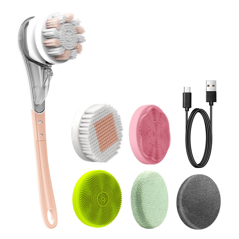 Multifunctional Electric Bath Brush Waterproof Rubbing Brush Six-in-one Long Handle Rubbing Back Bathing Face Rubbing Feet Rubbing Artifact Pink USB
