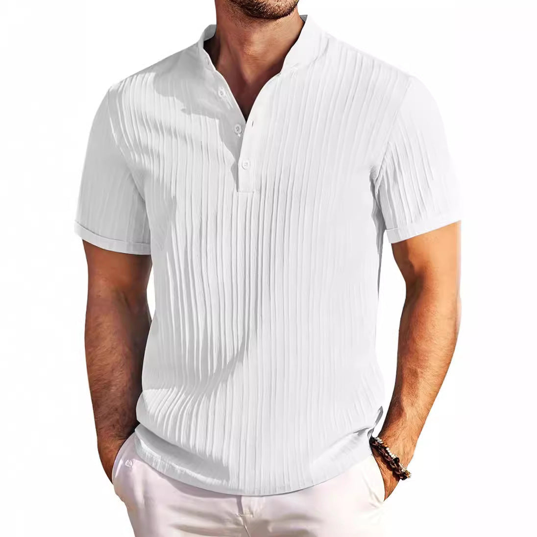New Men's Retro Cotton And Linen Stripes Loose Shirt White