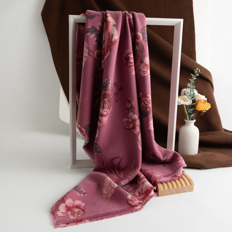 Cashmere-like Tassel Shawl Rose Print Cold-proof Warm Scarf Spring Swallow Rose Red 190X65CM