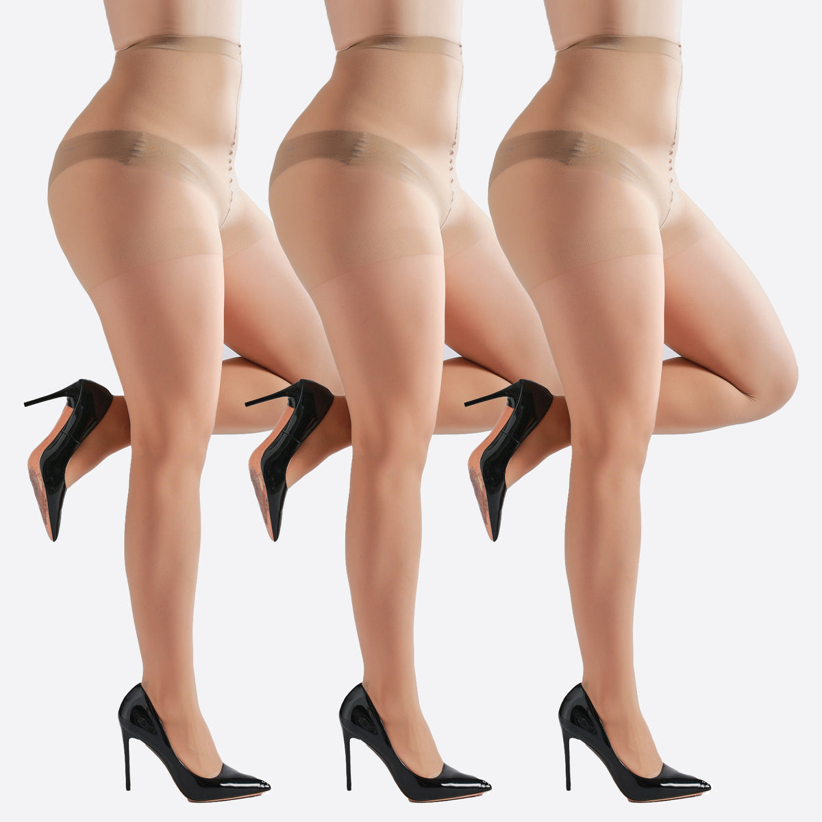 3 Pairs Plus Size Womens Sheer Tights 20D High Waist Control Top Pantyhose With Reinforced Toes NUDE