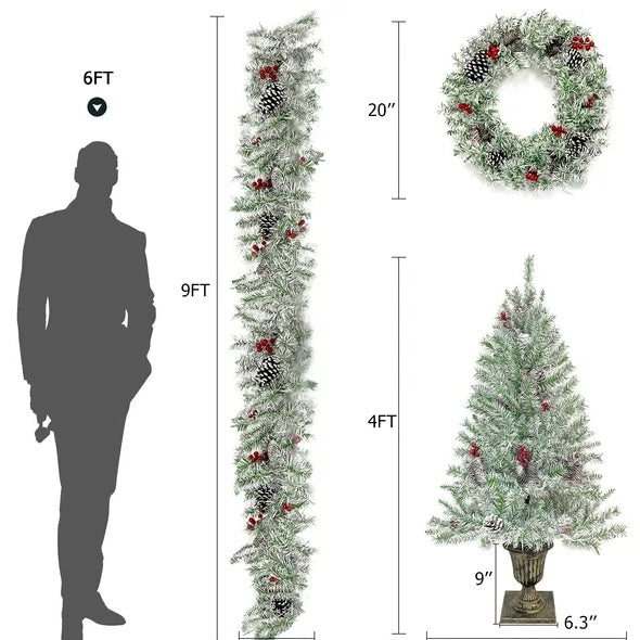 Pre-lit Xmas Tree Artificial Christmas 4-Piece Set,Garland, Wreath And Set Of 2 Entrance Trees X-mas Retro White