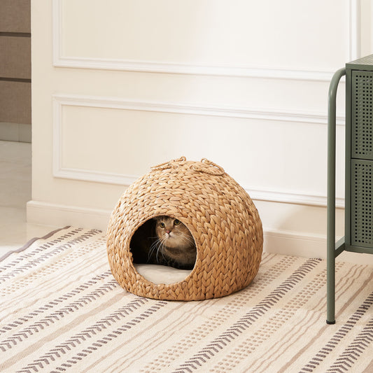 Water Hyacinth Woven Wicker Round Cat Bed Cave With Handles