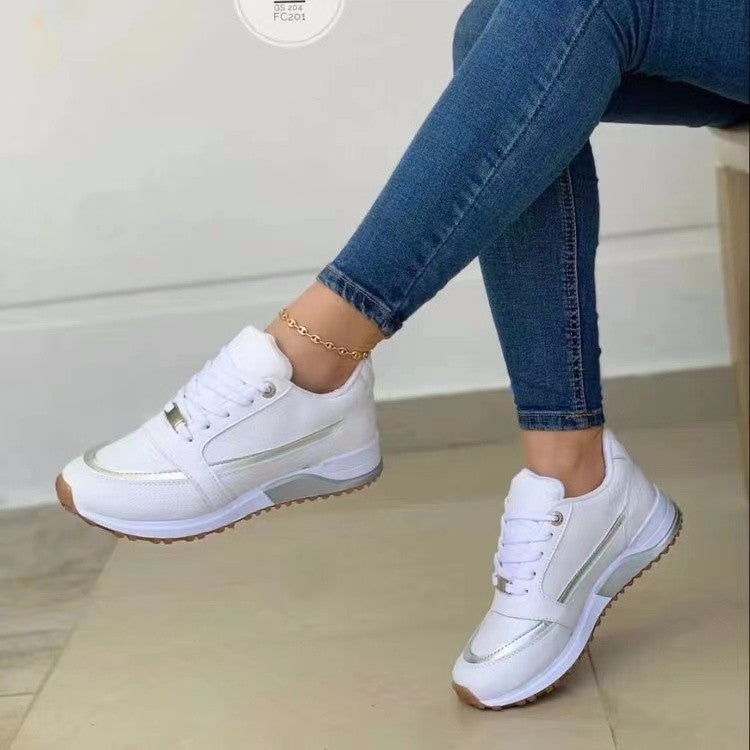 Casual Lace-up Flat Shoes Women Shallow Round Toe Sports Walking Sneakers White