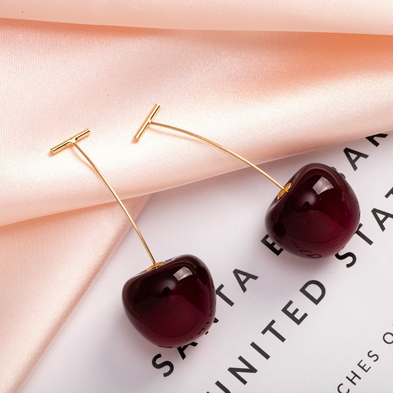 Red Cherry Fruit Acrylic Design Earrings Small Size Dark Red