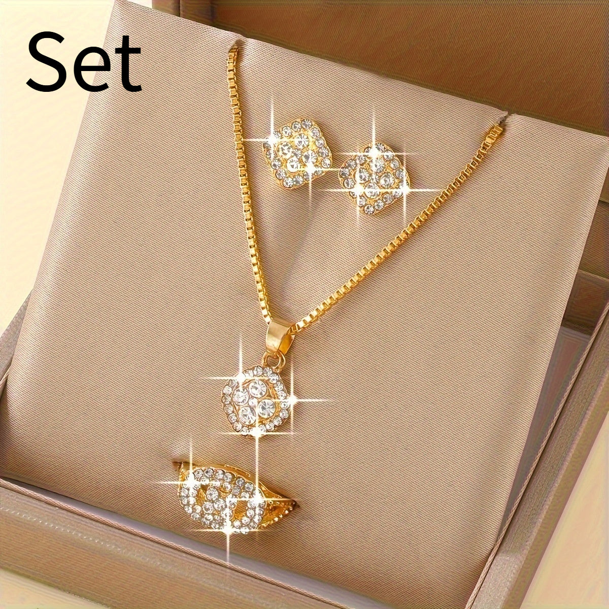 Light Luxury Diamond All-match Necklace Ring Three-piece Earrings Set Suit